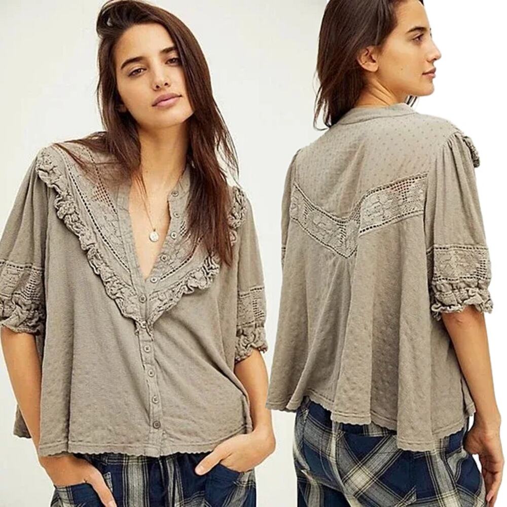 Free People Walk In The Park Gray Cotton Ruffle Lace Cottage - Gray - M